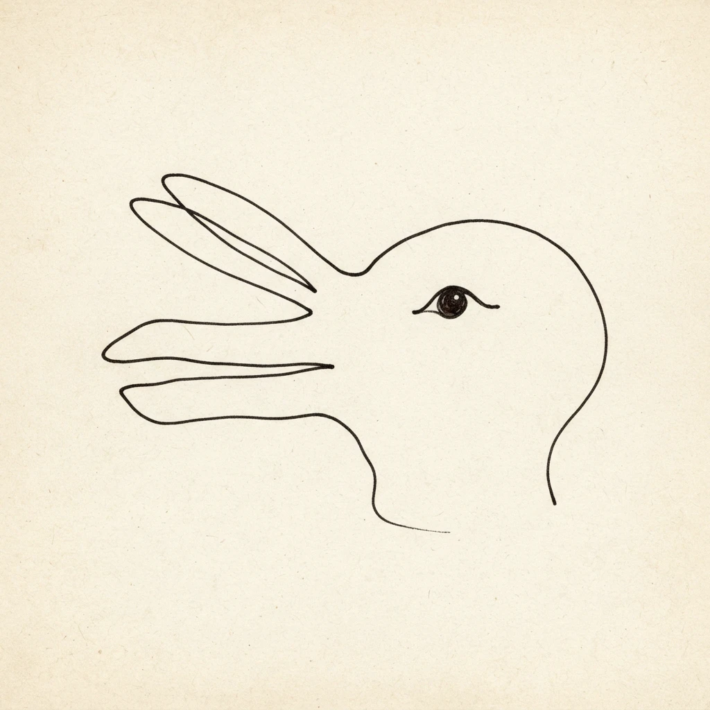 The classic duck-rabbit illusion from W.E. Hill — does the figure look like a duck to you, or a rabbit?