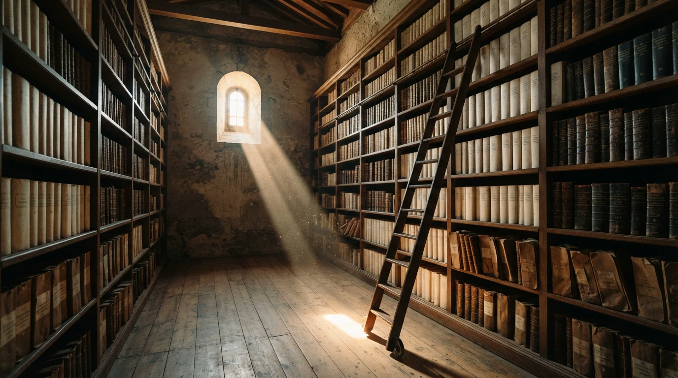 Tall monastic shelving filled with paperbooks, dust drifting through one shaft of late-afternoon light.