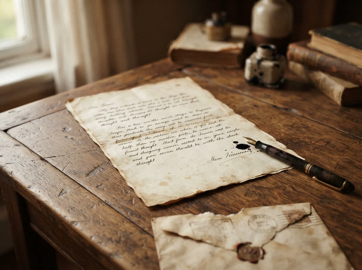 A handwritten letter on parchment, sealed with wax, on a wooden desk.