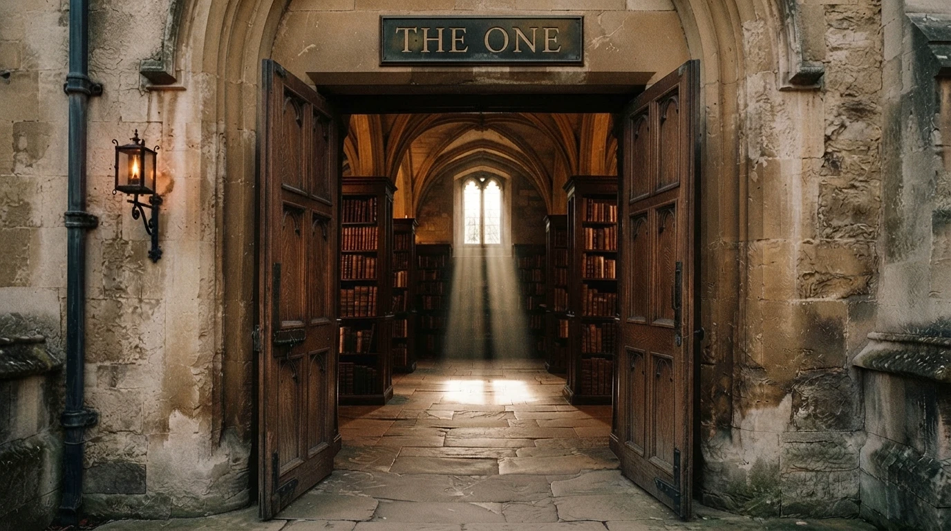 The One — heavy oak doors standing open into the library, with the brass plaque above reading THE ONE