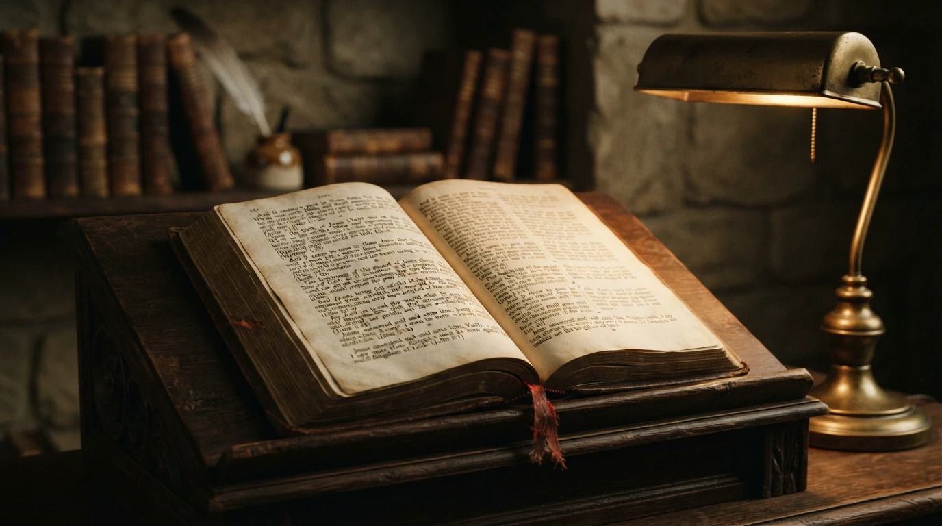 A slim open book on a lectern beneath a brass lamp; its printed pages run the four Gospels together as one continuous narrative.