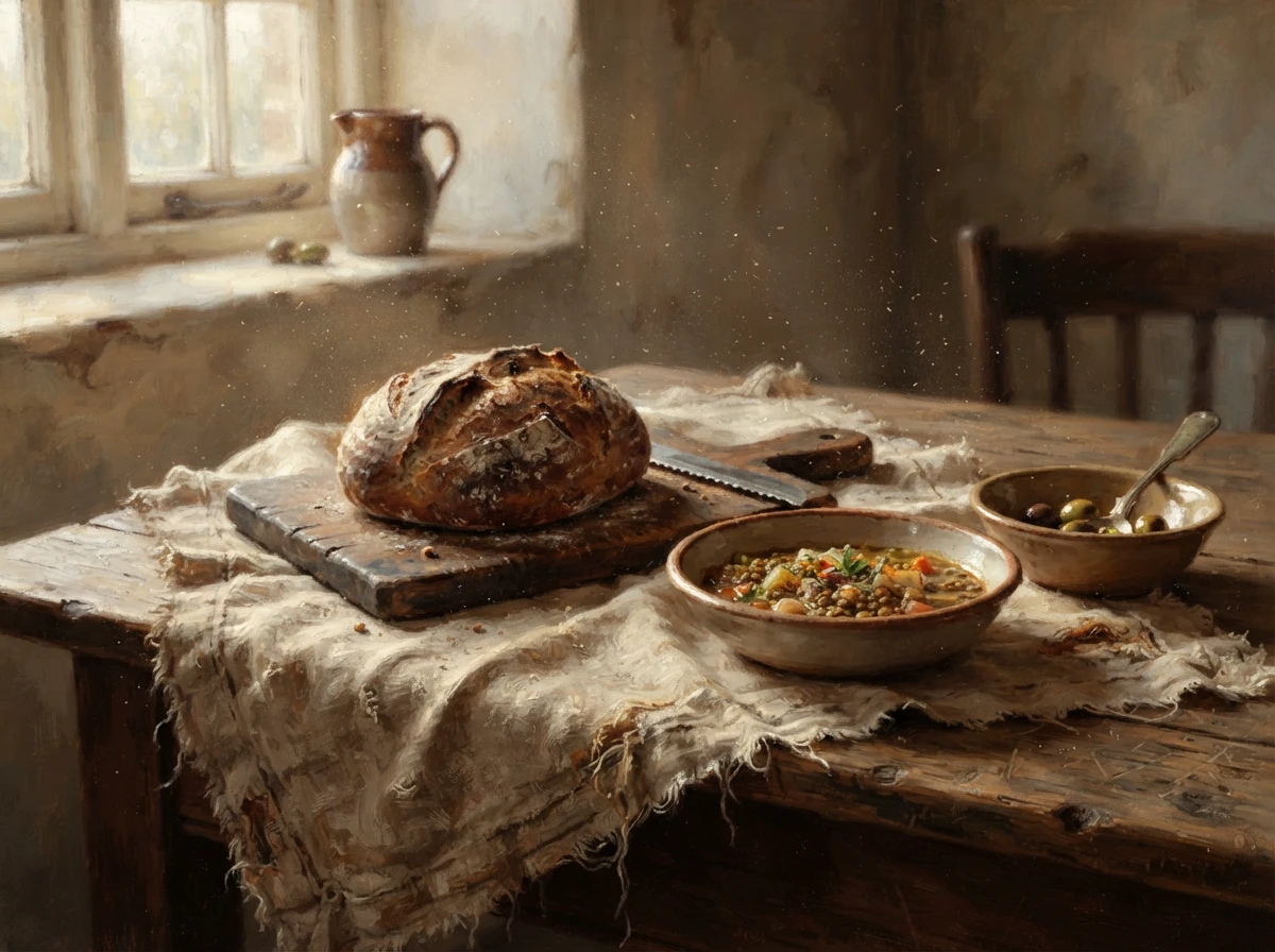 A rustic wooden table set with bread, soup, olives, and a linen cloth in sunlight.