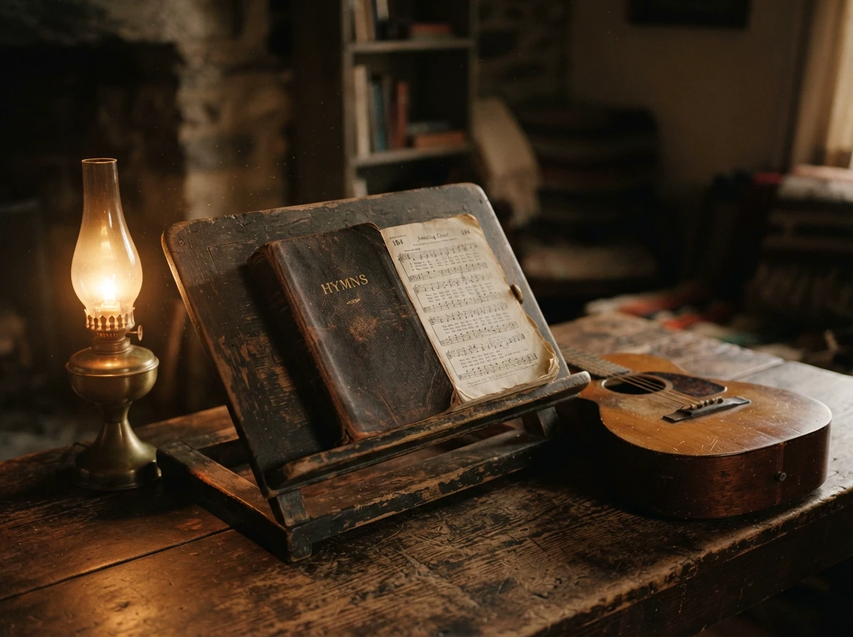 An oil lamp, a hymnal and sheet music, and an acoustic guitar arranged on a wooden desk.