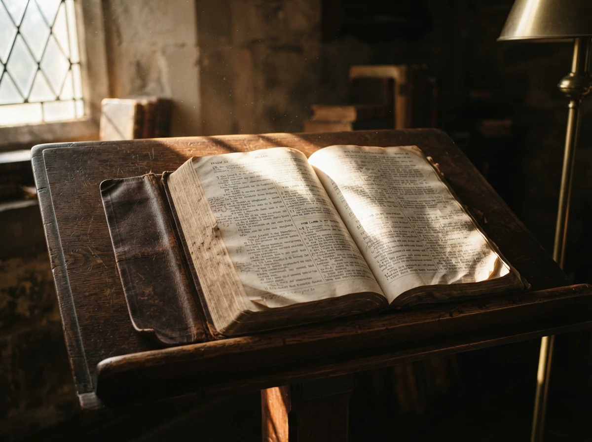 An open Bible on a wooden lectern beneath a brass lamp in a quiet monastic study.