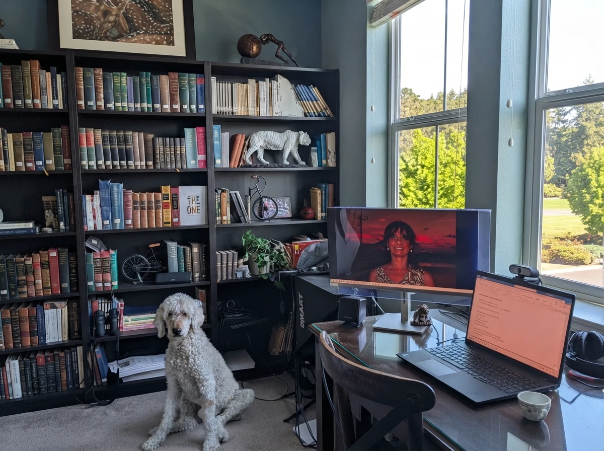 Bill's writing library — bookshelves of leather-bound books, a desk by the window with monitors and an open journal, and the Goldendoodle Shasta in the foreground