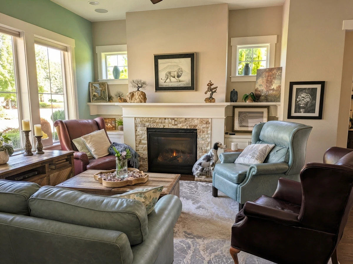 Inside the Oregon home by the fireplace — leather armchairs, a coffee table with fresh flowers, and the quiet chair where The One gets read on rainy mornings