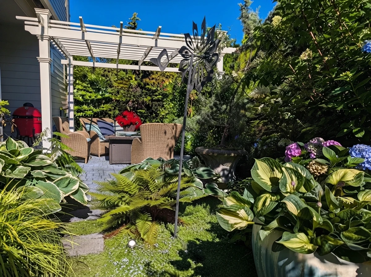 The Oregon garden under a white pergola with wicker chairs, lush hostas, hydrangeas, and a standing angel sculpture, where The One gets read on sunny mornings