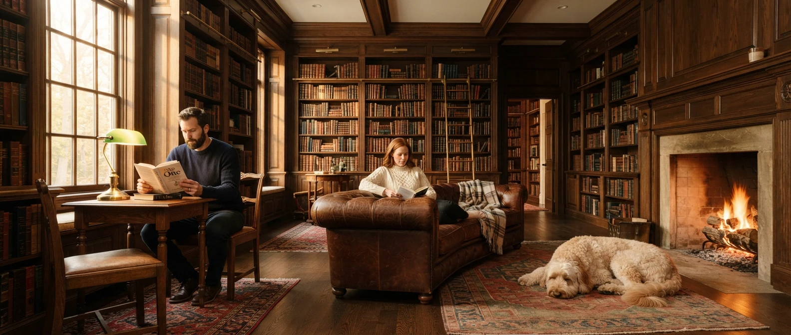 A wide library scene: a man reads The One at a small table on the left, a woman reads on a leather couch at center, and a cream-and-apricot Goldendoodle sleeps on a Persian rug before a glowing fireplace on the right.
