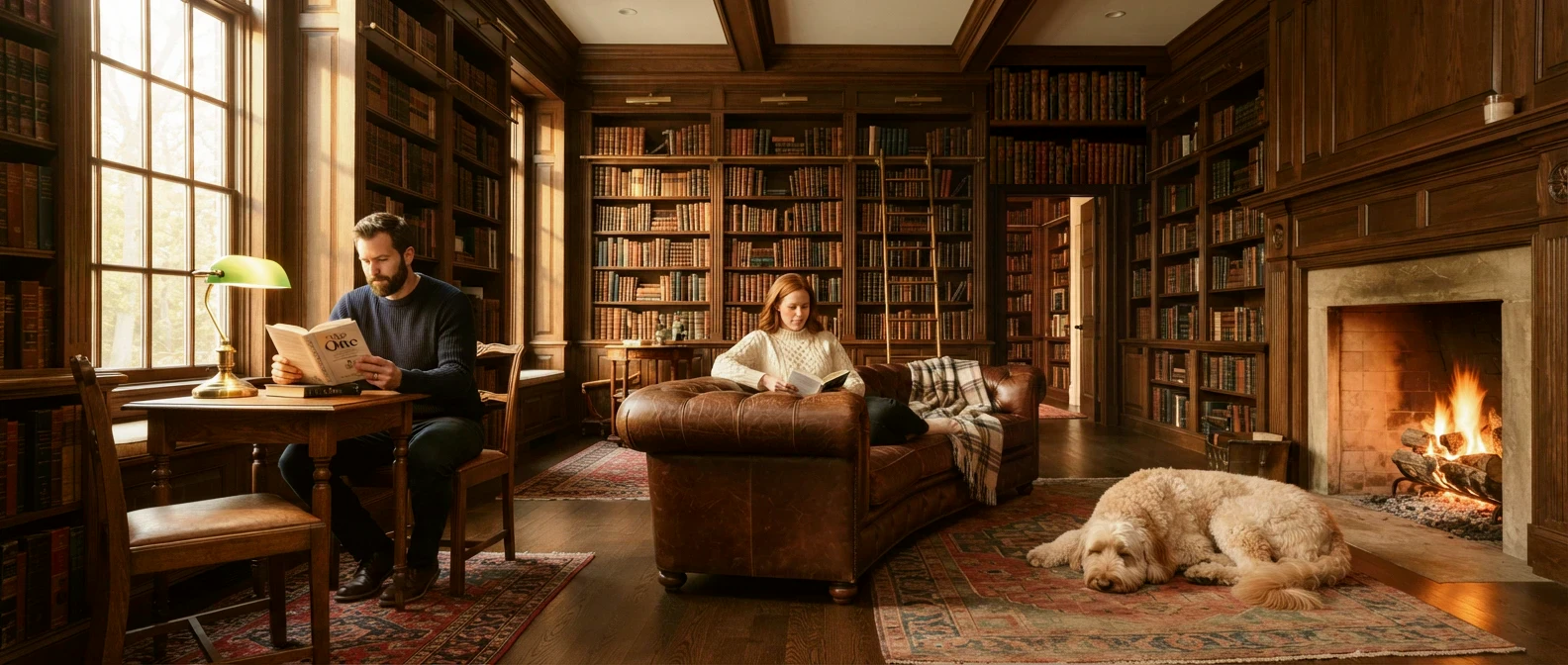 A wide library scene: a man reads The One at a small table on the left, a woman reads on a leather couch at center, and a cream-and-apricot Goldendoodle sleeps on a Persian rug before a glowing fireplace on the right.