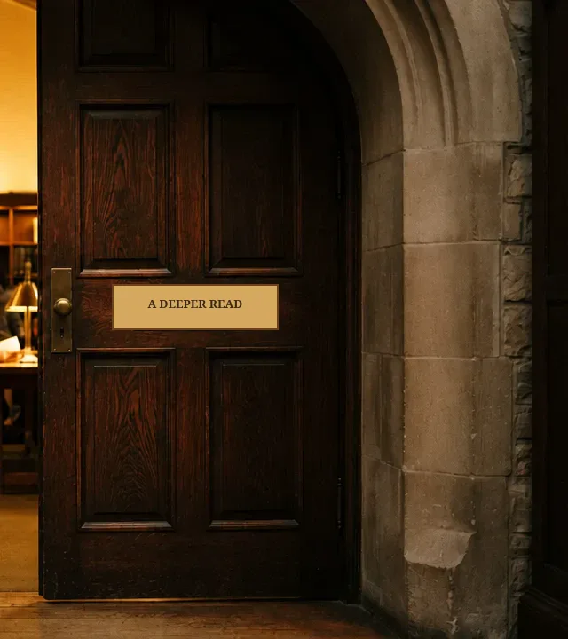 A closed dark wooden library door with a brass plaque reading A DEEPER READ