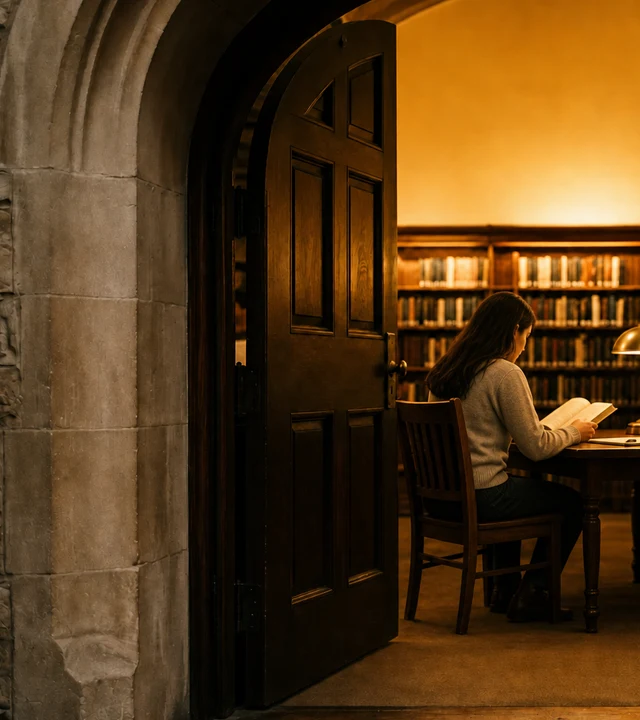 An open library doorway with a woman seated at a table reading beneath a warm table lamp