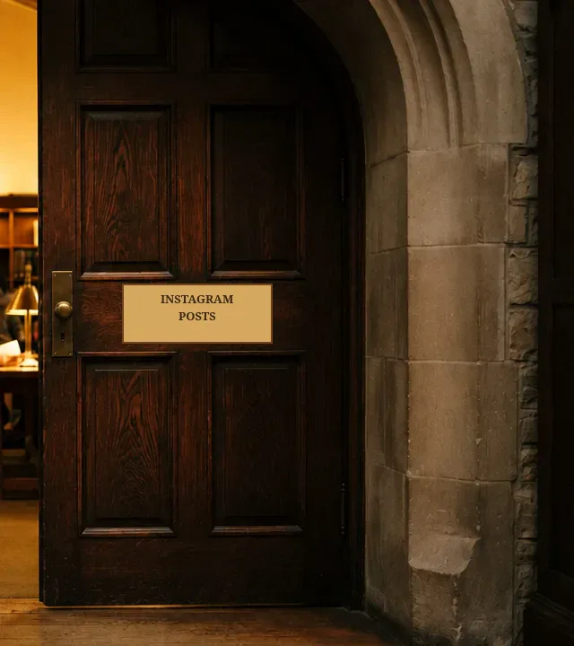 A closed dark wooden library door with a brass plaque reading INSTAGRAM POSTS