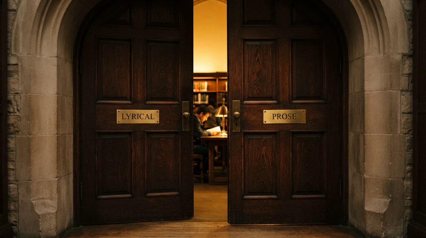 Two tall wooden library doors — Lyrical inscribed on the left, Prose inscribed on the right — standing side by side with warm light glowing through the seam