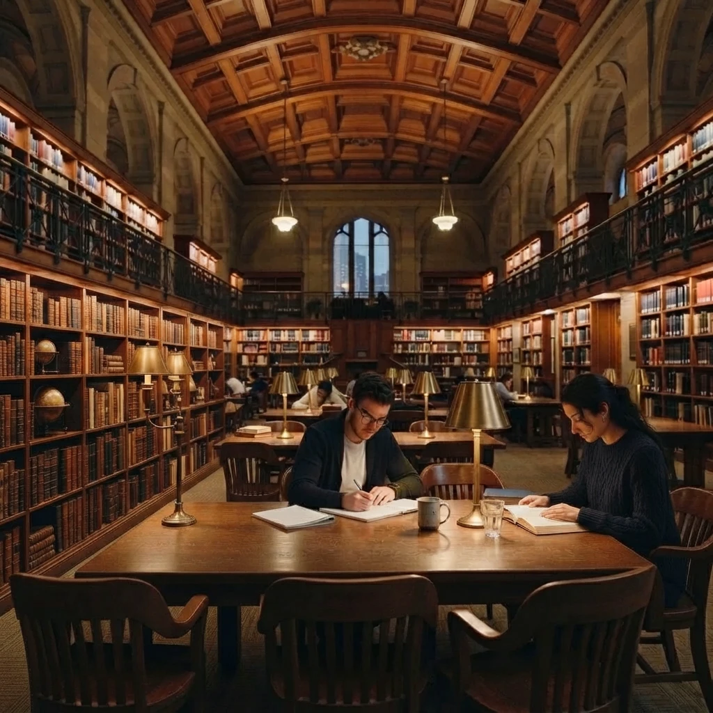 A wide editorial photo of a grand old library reading room — two people at a long oak table lit by brass lamps. A man with glasses at the center writing in a notebook; a woman in a dark sweater on the right reading. Tall dark-wood bookshelves filled with leather-bound volumes rise on both sides.