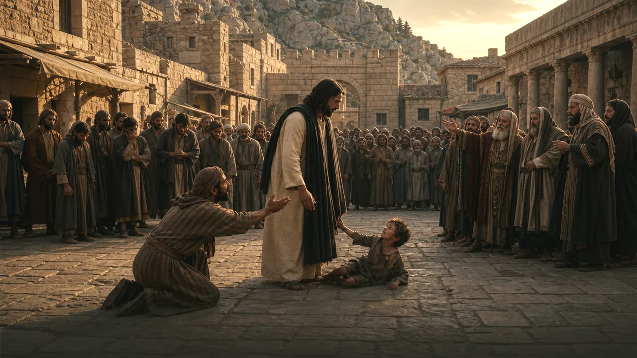 Jesus reaching down to lift a boy as his father pleads in a stone courtyard
