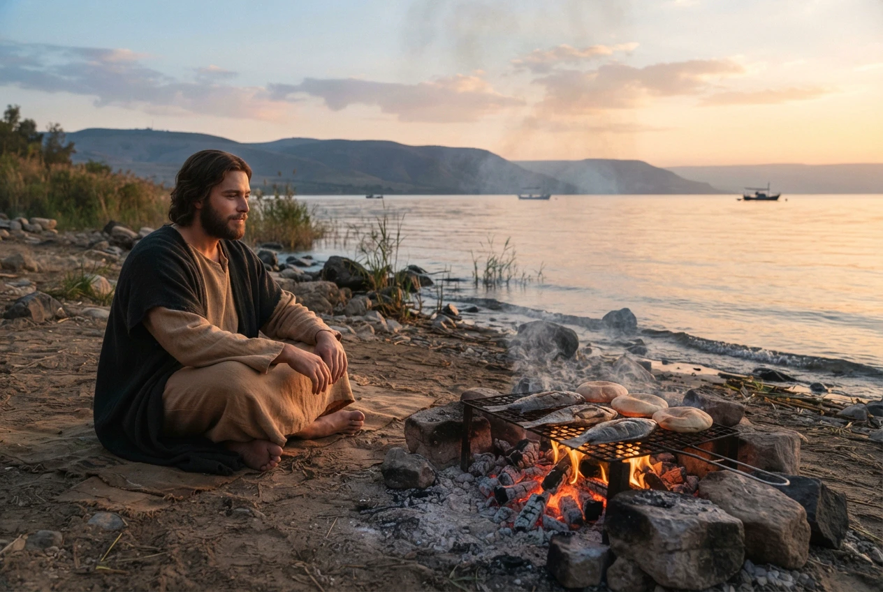 A charcoal fire glowing on the shore of the Sea of Galilee at dawn