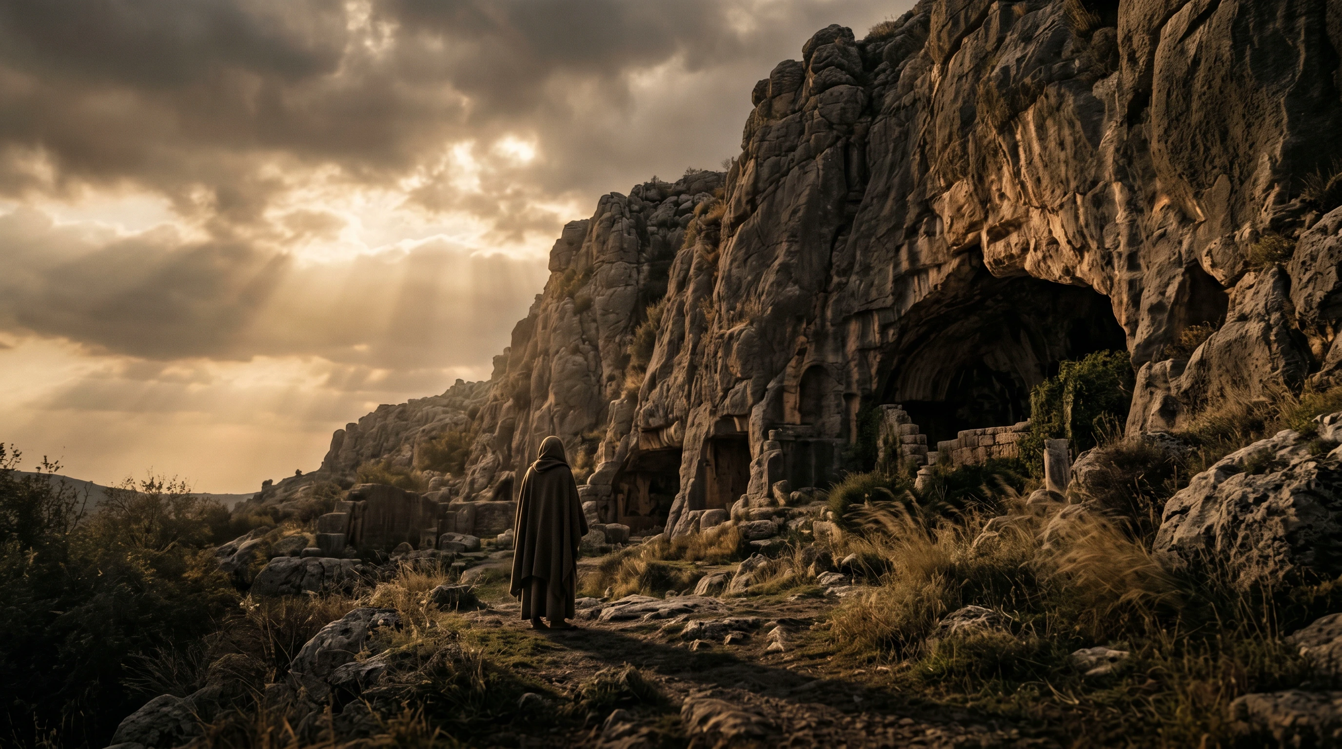 A lone figure before the cliffs of Caesarea Philippi as light breaks through the clouds