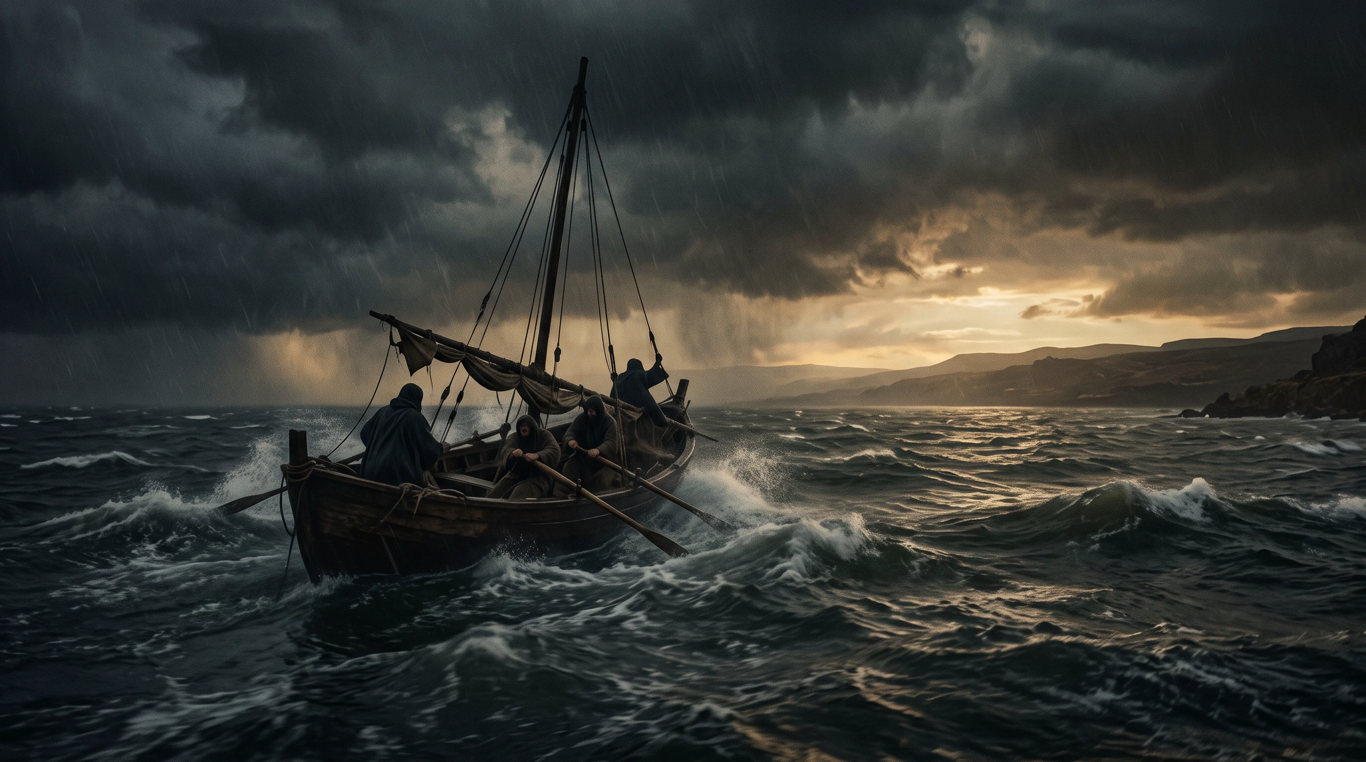 A small fishing boat caught in a fierce squall on the Sea of Galilee at dusk, with a faint break of calm light on the horizon